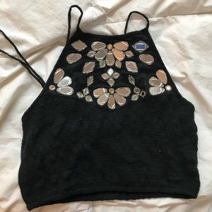UNWORN FREE PEOPLE BLACK REFLECTIVE HALTER TOP